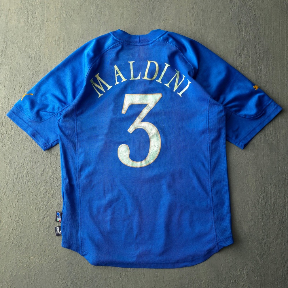 Vintage 2004 Italy Paolo Maldini #3 Soccer Jersey L Blue Puma Azzurri FIGC